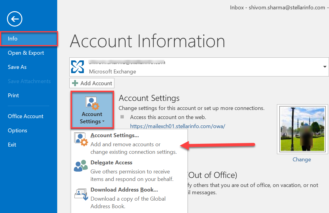 In Outlook, go to File > Account Settings > Account Settings.